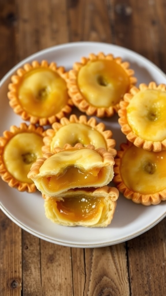 A plate of butter tarts with flaky crust and gooey filling, some cut in half, on a rustic wooden table.